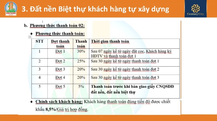 Phương thức thanh toán 02 đối với đất nền Biệt thự khách hàng tự xây dựng