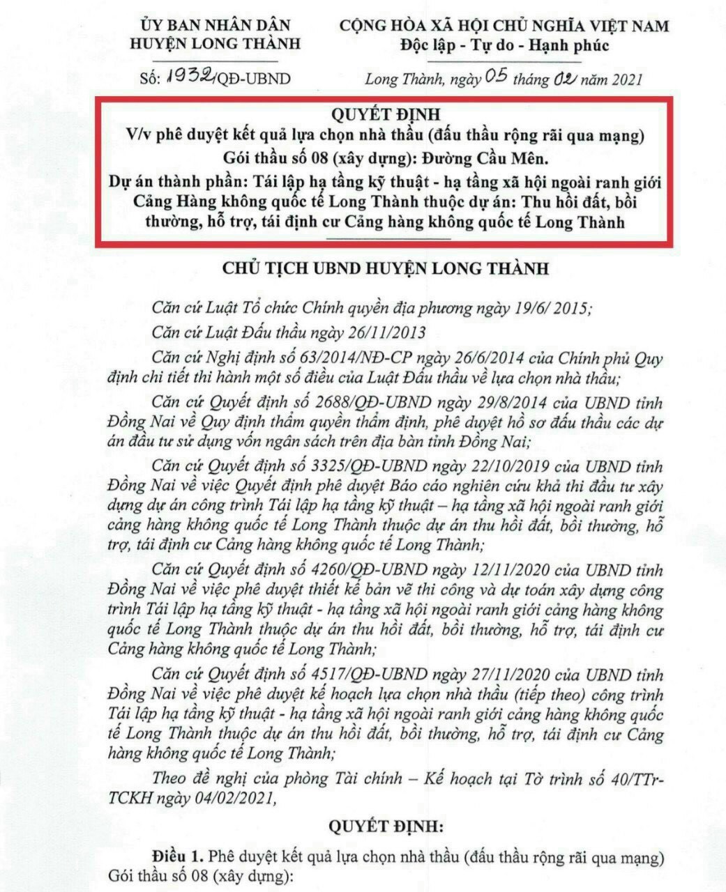 Văn bản quyết định triển khai xây dựng dự án đường Cầu Mên