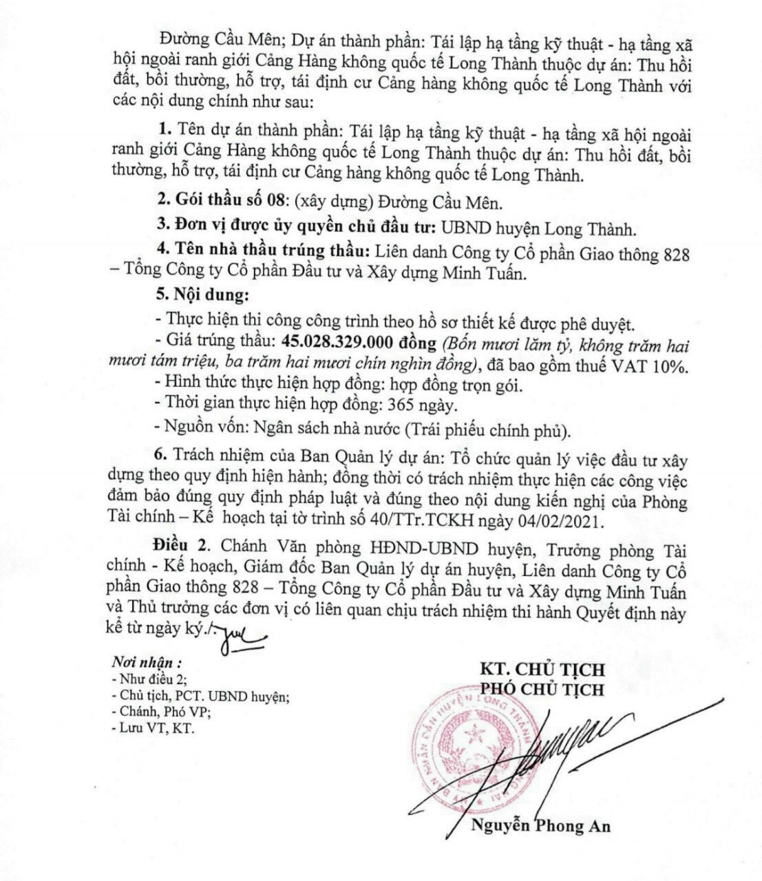 Văn bản quyết định triển khai xây dựng dự án đường Cầu Mên